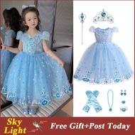Elsa Frozen Blue Mesh Sequin Dress For Kids Girl Bow Lace Princess Dreeses Kids Clothes Halloween Christmas Birthday Gift Party Wear