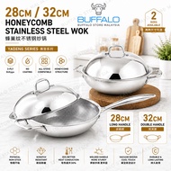 BUFFALO 28cm/32cm 3-ply SUS304 Honeycomb Wok Flat Bottom Wok With Stainless Steel Lid (No Coating) 牛