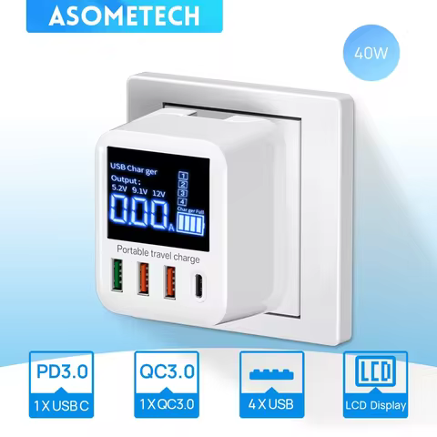 ASOMETECH 40W USB Wall Charger 4 Port With LED Display QC3.0 PD3.0 USB Fast Charger For iPhone 14 Hu
