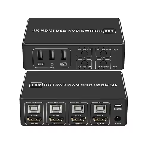 4K@60Hz HDMI KVM Switch 4 in 1 out HDMI USB KVM Selector Switcher 4x1 with 4-Port USB Hub for 4 PC S