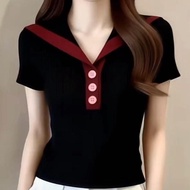 Summer Short-Sleeved t-Shirt Contrasting Color Women Niche Light Luxury Unique Bottoming Shirt Slimm