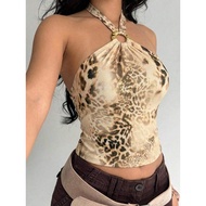 Women's backless camisole, khaki animal skin pattern mesh, sexy chic summer style for night club, me