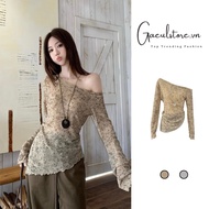 Gaeul store- Women's brown/gray autumn long-sleeved off-the-shoulder shirt with unique style