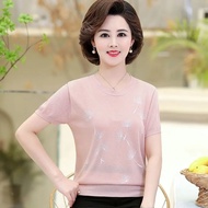 Middle-aged Elderly Women's Clothing Ice Silk Short-Sleeved t-Shirt Clothing Middle-Aged Mother Clothing Loose Large Size Knitted Thin Top Middle-Aged Elderly Women's Clothing