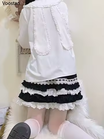 Sweet White Lolita Style Blouses Women Kawaii Rabbit Ears Peter Pan Collar Shirts Girly Cute Ruffles