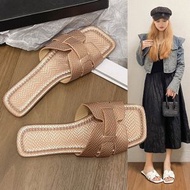 大碼女裝拖鞋 皮革拼接方頭平底涼鞋 舒適透氣女裝鞋- 黑色 35