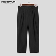 INCERUN Men Japanese Style Comfy Solid Color Pleated Straight Wide Leg Pants