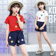 SG Seller - [S046] Girls Short Sleeve 3flowers Outfits 2Pcs Set Big Girl Tops + Skort Summer Casual Clothes Set