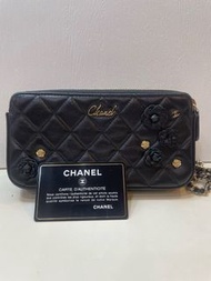 香奈兒 Chanel 黑色羊皮 山茶花 woc鏈條包 黑卡 27開 19cm