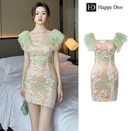 Happy Diva เดรสผู้หญิง เดรสสีเขียว เดรสตาข่าย เดรสลายดอก เดรสทำงาน เดรสไฮโซ เดรสวินเทจ เดรสออกงาน เด