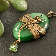 Grass Green Cat Eye Oval Brass Dragonfly Pendant Necklace Woman Jewelry Gift