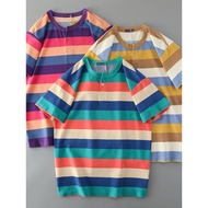 American Retro Henry Shirt Men's Heavy Cotton Simple Henry Collar Striped Short-Sleeved T-Shirt Fore