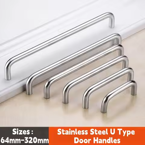64mm-320mm Solid Stainless Steel U Type Cabinet Handles Drawer Door Knobs Pulls Furniture Wardrobe C