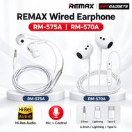 REMAX RM-575A RM-570A Wired Earphone With Mic Hi-Res Stereo Headset 3.5mm Type-C Lightning White