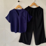 Disa Set Katun Rayon / Setelan Celana Panjang Wanita / One Set Vneck Polos Tangan Pendek Terbaru