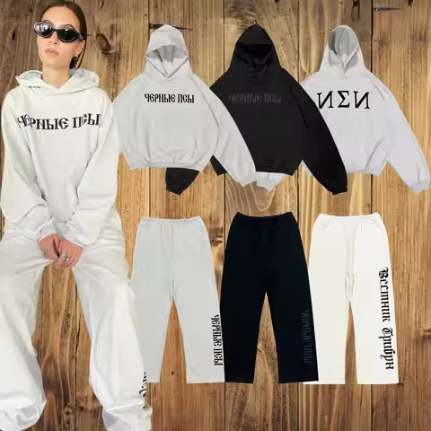 Fashion Streetwear Kanye West Hoodie Russian Language Print Sweatshirts Men Women Gray Fleece Loose 