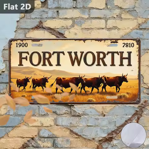 Fort Worth Cattle Drive Tin Sign Retro Wall Decor, 12x5.9 inch Farmhouse Metal Sign for Garage Garde