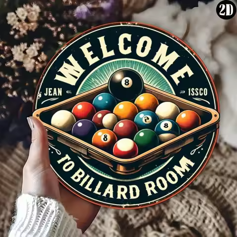 Vintage Metal Wall Art | Round Billiard Room Decor, 20.32x20.32cm, Classic Pool Cue & Ball Design Fo