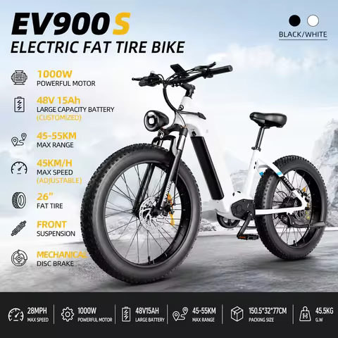 OBX-EV900S Fat Tire Electric Bicycle 1000W Motor 48V15Ah Battery E-Bike 45-55KM Range 26 Inch Tires