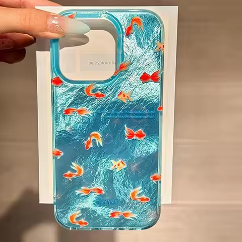Korean Blue Ocean Red Carp Vortex Pattern Phone Case for iPhone 16 15 14 13 12 11 X XR Xs SE2 8 7 Pl