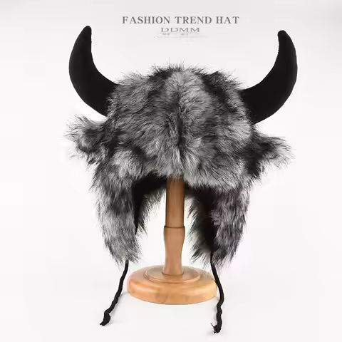 Windproof Winter Cap with Big Black Horns, Novelty Plush Aviator Hat