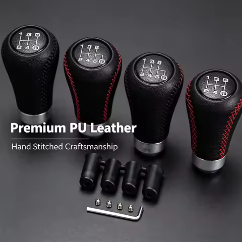 PU Leather Hand Stitched Car Manual Gear Shift Knob 5/6 Speed Shifter Head 4 Adapters For Most Stick