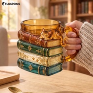Glass Coffee Mug for Book Lovers Novelty Mug for Cat Moms 3d Stacked Vintage Book Glass Mug with Cut