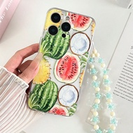 1ชิ้น เคสโทรศัพท์ป้องกันกระแทกพิมพ์ลาย fruit สับปะรด แตงโม โปร่งใส พร้อมสร้อยข้อมือมุกทำด้วยมือ ใช้ไ