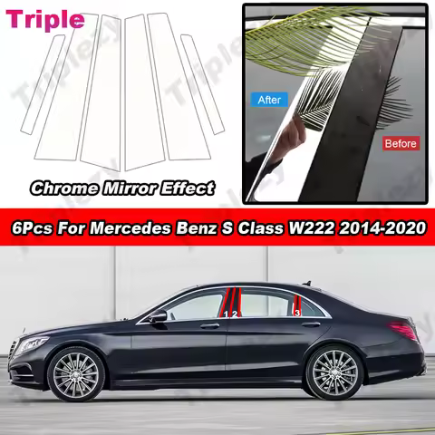 For Mercedes Benz S Class W222 2014-2020 6Pcs Glossy Chrome PC Material BC Pillar Post Cover Door Tr