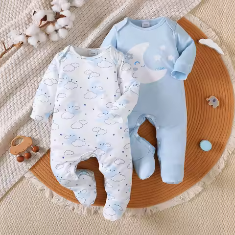 Winter 0-1 Years Old Infant Baby Boys Girls Cloud and Moon Prints Long Sleeved Jumpsuit Casual 2-Pie