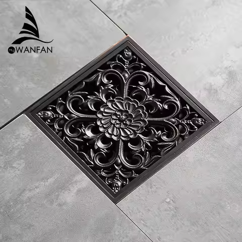 Drain 10cm Square Black Brass Shower Drain Strainer Floor Cover Art Carved Balcony Bathroom Bath Acc