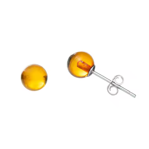 Genuine Baltic Amber Small Stud Ball Earrings for Women in 925 Sterling Silver, Rich Cognac Color