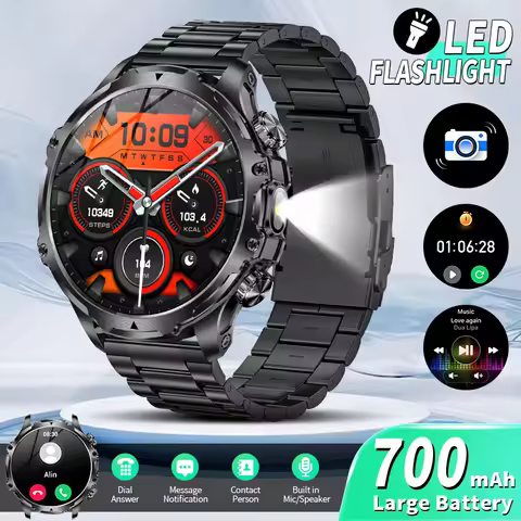 LIGE Military Steel Smart Watch Men Flashlight 1.9 Inch Outdoor 700mAh Sport Fitness Watch Bluetooth