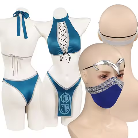 Fantasia Mortal Cosplay Kombat Kitana Mask Headband Costume Adult Women Bikini Swimsuit Outfits Hall