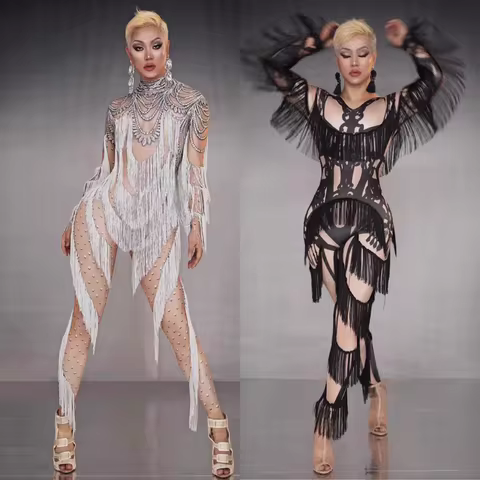 Show clothes, night club girl, fake meat print, dust flow Shu long-sleeved jumpsuit, gogo show cloth
