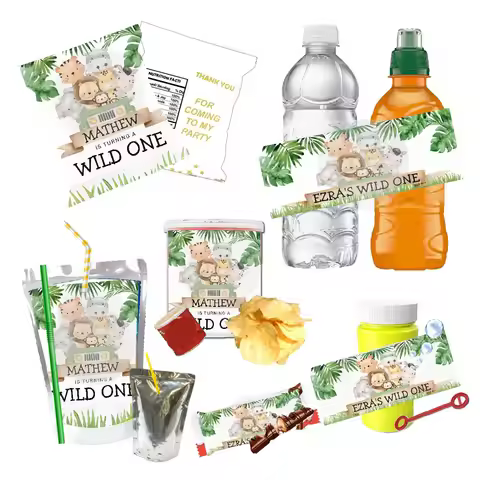 Personalised Jungle Safari Wild One Juice Pouch Sticker Water Bottle Candy Wrapper Soap Bubble Favor