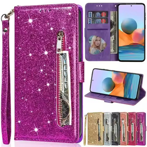 Wallet Glitter Zipper Card Slot Magnetic Flip Leather Case For Xiaomi 14T Redmi 15C 14C 13C 12C Note