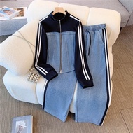 Fashion Denim Patchwork Two-Piece Set - Zipper Detail, Long Sleeve Top with Wide-Leg Pants | Spring/