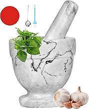 Mortar and Pestle Marble Set for Spices Pestos Seasonings Pastes Guacamole Bowl Herb Grinder Easy to Clean INCLUDED:Silicone Mat,Brush,Stainless Steel Spoon 4.33inch(Small,White Gray)