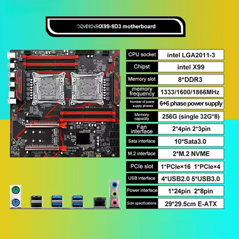 X99 Dual CPU Motherboard Set LGA 2011-3 E5 V3 V4 CPU 4*32GB 8*16GB/32GB DDR3 Memory Eight Channels D