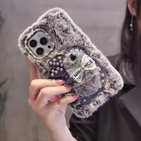 Luxury Rhinestone Pearl Warm Plush Bunny Soft Phone Cases For OPPO Reno 14 13 12 11 10 8 7 6 5 8T 14