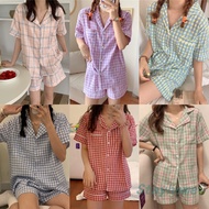 [SG SELLER] Summer Women Pyjamas Korean Lattice Plaid Short Sleeve + Shorts Pajama Set Sleepwear