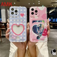 AMK card holder for man Compatible for iPhone 15 14 13 12 11 PRO MAX XR XS X 8 7 6 6S PLUS SE 2020 mini Clear Heart-shaped photo frame shockproof phone case CRSKB
