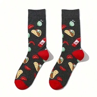 1 Pair Of Food Printed Mid Tube Socks - Black Top With Vibrant Taco And Chili Patterns, Soft And Bre