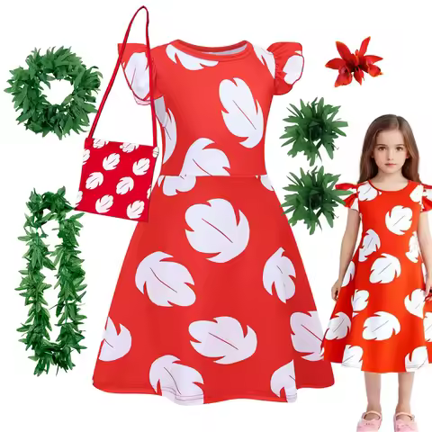 Girls Summer Hawaiian Costume Red Dress Soft Breathable Beach Frock Kid Cartoon Alien Blue Monster a