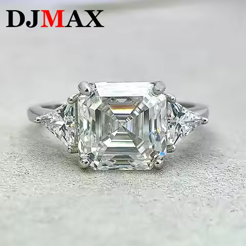 DJMAX New Premium 5CT Asscher Moissanite Women's Ring S925 Plated 18K White Gold Luxury Moissanite D