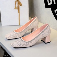 701-1 French High Heels Sequined Rhinestone Square Toe Square Mouth Thick Heel Slip-On Not Tired Fee