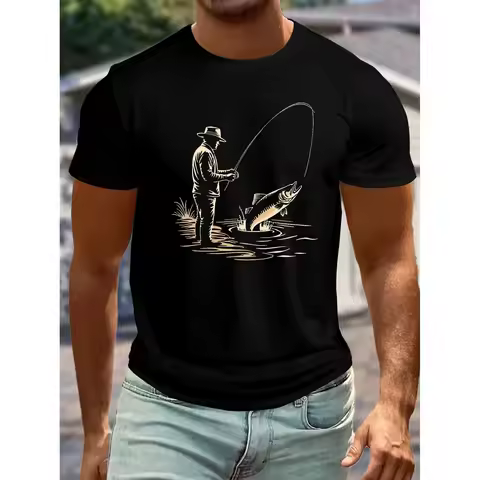 Fishing Scene Leaping Fish Graphic Men's Cotton Crew Neck T-Shirt Casual Breathable Daily Tee