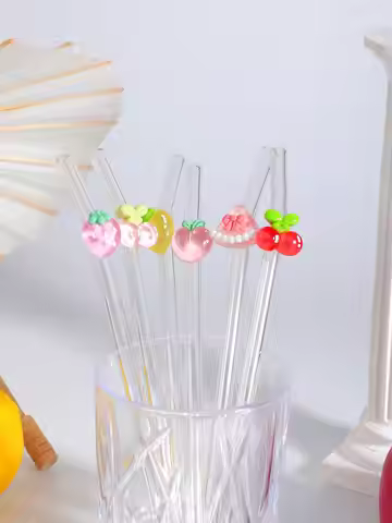 1/6PCS Heat-Resistant Glass Straw, Strawberry Lemon Peach Design, Ideal for Milk Tea & Juice Drinks,