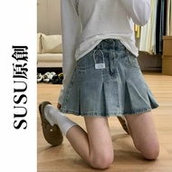 [SUSU Original] S-5XL Light Blue/Retro Blue Denim Pleated Skirt Girls Summer High Waist Slimmer Look